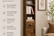 Slim Tall Vintage Brown Bookcase with Cabinet Storage Shelf