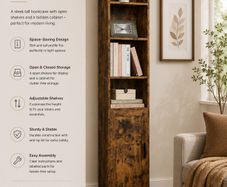 Slim Tall Vintage Brown Bookcase with Cabinet Storage Shelf