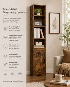 Slim Tall Vintage Brown Bookcase with Cabinet Storage Shelf