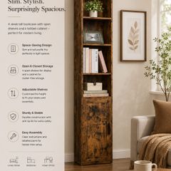 Slim Tall Vintage Brown Bookcase with Cabinet Storage Shelf