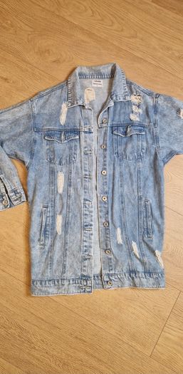 Distressed Long Denim Jacket - 10