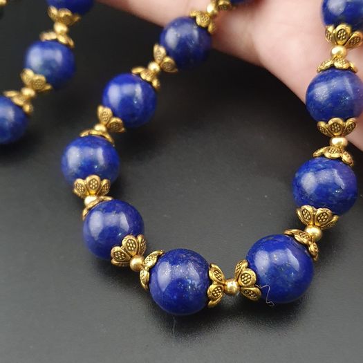 Vintage Blue Lapis Lazuli & Brass Beads Gemstone Necklace