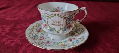 Rare Elizabethan Happy Anniversary Celebration Series Fine Bone China Cabinet Tea Cup And Saucer Made in England