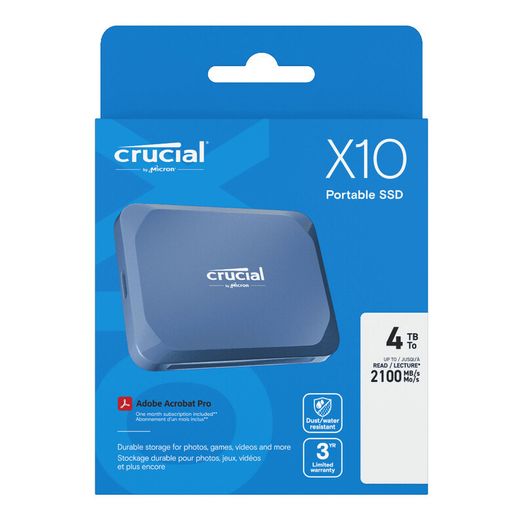 Crucial X10 4TB Portable SSD - Up to 2100MB/s read, 2000MB/s write - PC and Mac - USB 3.2 External Solid State Drive