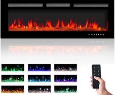 Electric Fireplace Touch Screen Glass Panel Colorful Flame Insert Wall Mounted Heater Remote Control with Crystal&Log Set,900/1800W (127CM, Black)