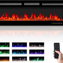 Electric Fireplace Touch Screen Glass Panel Colorful Flame Insert Wall Mounted Heater Remote Control with Crystal&Log Set,900/1800W (127CM, Black)