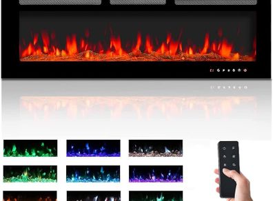 Electric Fireplace Touch Screen Glass Panel Colorful Flame Insert Wall Mounted Heater Remote Control with Crystal&Log Set,900/1800W (127CM, Black)