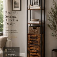 Industrial Tall Storage Cabinet with Door 167 cm Vintage Bookcase Narrow Display Shelf Living Room Kitchen Storage Unit