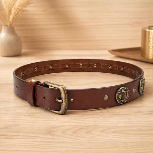 Unisex Genuine Leather Studded Belt Vintage Brown Leather Belt with Antique Brass Rivets & Buckle