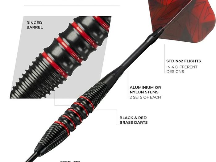 SALE | 24 Piece Steel Tip Dart Set with Brass Barrels, Flights and Aluminium Shafts, Series 1, Black/Red