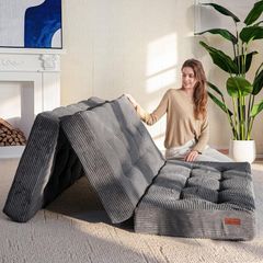 Folding Mattress Double, Comfy Corduroy Foldable Mattress with 15cm Thicken Foam, Tri-Fold Floor Futon Sofa Bed for Guest, 135x190cm
