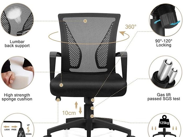 Office Chair Mesh Chair Ergonomic, Computer Chair Adjustable Seat Height with Back Support and Arms, Desk Chair Comfy, Study Chair for Home, Office and Executive Max 125KG (FREE POSTAGE)