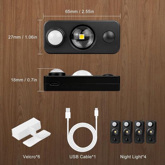 LED Motion Sensor Lights Indoor, Rechargeable Cupboard Lights with 3 Modes, Stick-On Dimmable Wireless USB Wardrobe Light for Drawer, Shelf, Stairs, Hallway, Under Cabinets, Warm White(4 Pack) [Energy Class A+]
