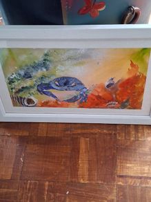 original watercolour painting, Blue crab and coral