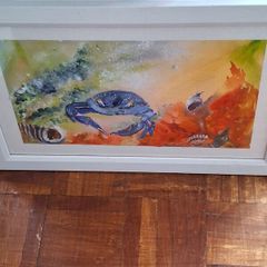 original watercolour painting, Blue crab and coral
