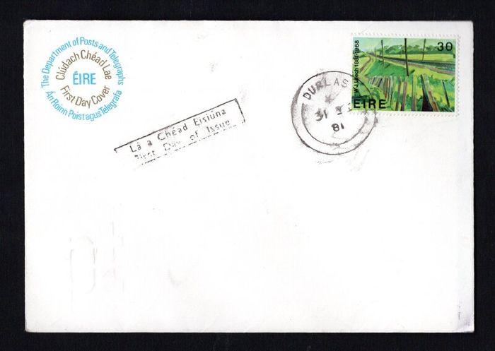 1981 Ireland Irish Art Railway Embankment by WJ Leech Commemorative Stamp P&T First Day Cover (FDC) with Durlas (Thurles) Steele cancel.