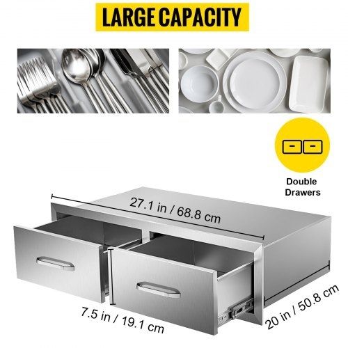 Outdoor Kitchen Drawers 30\" W x 10\" H x 20\" D, Horizontal Double BBQ Access Drawers Stainless Steel with Handle, BBQ Island Drawers for Outdoor Kitchens or Patio Grill Station