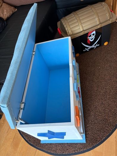 x2 Toy storage boxes Personalized white toy box features a light blue cushioned seat, the name "Jack" and pirate plastic box with lead