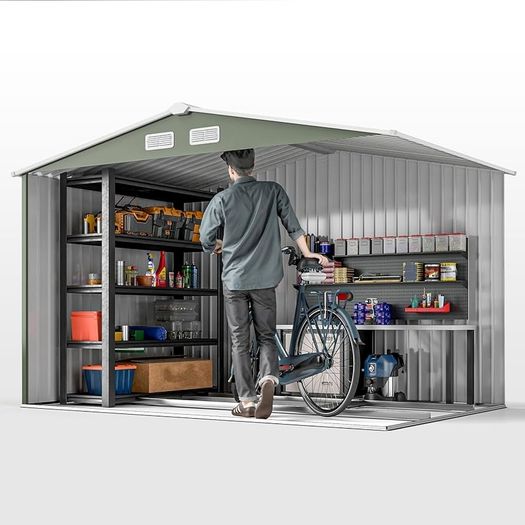 9 x 6ft Metal Garden Shed, Outdoor Storage Tool House with Ventilation Slots, Foundation Kit and Lockable Double Doors, Light Green