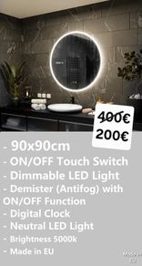 LED Bathroom Mirror Antifog Demister Time Clock Touch Switch Makeup Vanity Cosmetic Round Bright Neutral Light