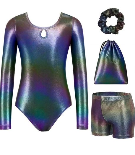 Girls Gymnastics Leotard Kid Long-Sleeved 4Pcs Gymnastics Outfit Printed Gymnastik Suit,Sparkly Athletic Bodysuit,Leotards Shorts Headband Storage Bag,Training Dancewear Set