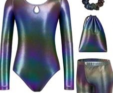 Girls Gymnastics Leotard Kid Long-Sleeved 4Pcs Gymnastics Outfit Printed Gymnastik Suit,Sparkly Athletic Bodysuit,Leotards Shorts Headband Storage Bag,Training Dancewear Set