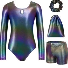 Girls Gymnastics Leotard Kid Long-Sleeved 4Pcs Gymnastics Outfit Printed Gymnastik Suit,Sparkly Athletic Bodysuit,Leotards Shorts Headband Storage Bag,Training Dancewear Set