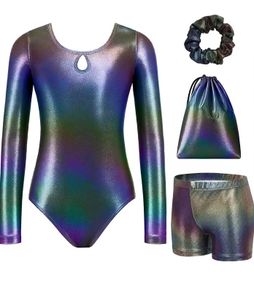 Girls Gymnastics Leotard Kid Long-Sleeved 4Pcs Gymnastics Outfit Printed Gymnastik Suit,Sparkly Athletic Bodysuit,Leotards Shorts Headband Storage Bag,Training Dancewear Set