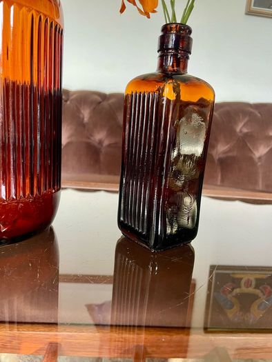 Vintage Amber Ribbed Glass Apothecary Bottle Farmhouse Decor & Medicine or Poison Bottle