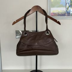 Vintage Anne Klein Chocolate Brown Leather Shoulder Bag with Silver Accents