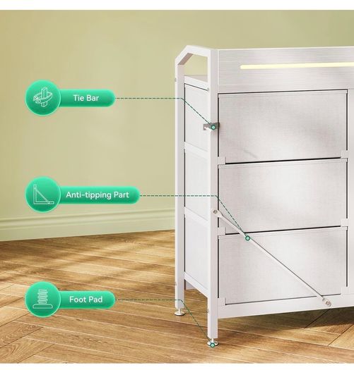 Chest of Drawers Bedroom, 8 Fabric Drawers, 110x30x88cm, White