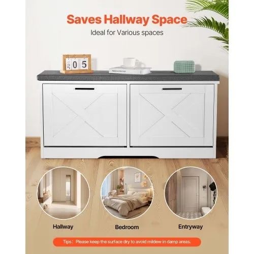 Entryway Shoe Storage Bench, 1000 x 305 x 475 mm Shoe Organizer with Flip Drawers, 440lbs Narrow Shoes Rack Bench with Cushion & Flip Doors,