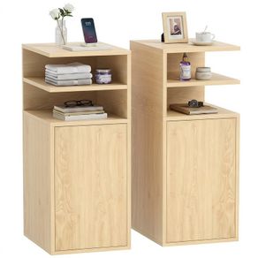Set of 2 Slim Bedside Table with Open Cubbies and Cupboard