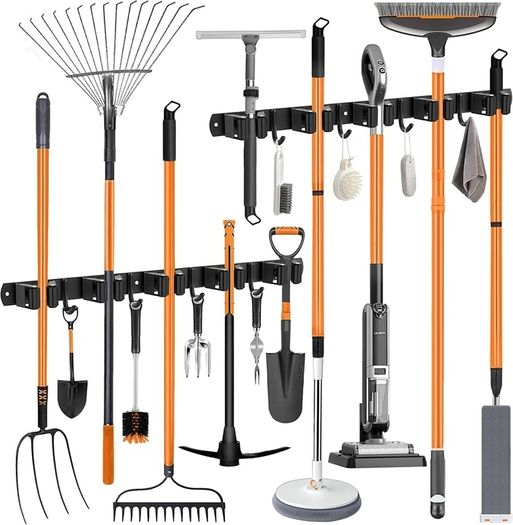 Pack of 2 Broom Holder Wall, 10 Holders + 8 Hooks Stainless Steel Tool Holder, Self-Adhesive Garden Tool Holder and Broom Holder, Black Wall Mount Hanger for Broom