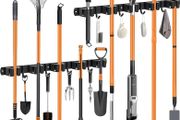 Pack of 2 Broom Holder Wall, 10 Holders + 8 Hooks Stainless Steel Tool Holder, Self-Adhesive Garden Tool Holder and Broom Holder, Black Wall Mount Hanger for Broom