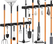 Pack of 2 Broom Holder Wall, 10 Holders + 8 Hooks Stainless Steel Tool Holder, Self-Adhesive Garden Tool Holder and Broom Holder, Black Wall Mount Hanger for Broom