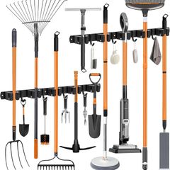 Pack of 2 Broom Holder Wall, 10 Holders + 8 Hooks Stainless Steel Tool Holder, Self-Adhesive Garden Tool Holder and Broom Holder, Black Wall Mount Hanger for Broom