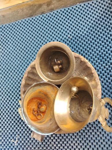 Old brass bells & candle holder & tea strainer