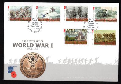 2016 Isle of Man Centenary of World War 1; Battle of the Somme Commemorative Stamps First Day Cover (FDC)