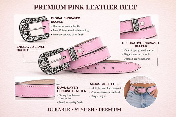 Unisex Premium Pink Genuine Leather Belt Vintage Engraved Silver Buckle