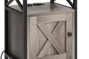 Side Table, Bedside Table with Storage Cabinet, X-Shaped Sofa End Table with Charging Station, 2 USB Ports &amp; Power Outlets, Living Room Coffee Table, Metal Frame, Bedroom, Grey, 40x35x60cm