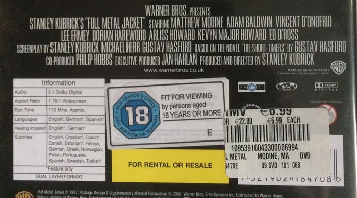 Full Metal Jacket (Deluxe Edition) Stanley Kubrick Film [1987] Matthew Modine, R. Lee Ermey, Vincent D'Onofrio & Adam Baldwin [Movie DVD]