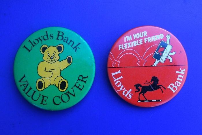 LLOYDS BANK (Access credit card & insurance cover) - two promotional button badges (1980s / 1990s)