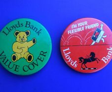 LLOYDS BANK (Access credit card & insurance cover) - two promotional button badges (1980s / 1990s)
