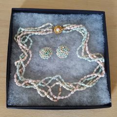 Vintage 18" freshwater coloured 5-strand seed pearl necklace w/silver clasp & earrings FREEPOST