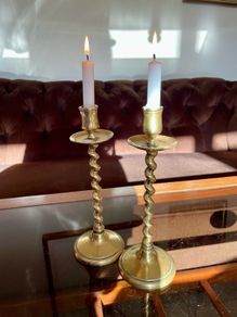 Vintage Brass Single Barley Twist Candlesticks Pair Spiral Candle Holders