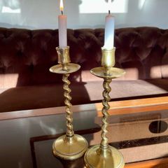 Vintage Brass Single Barley Twist Candlesticks Pair Spiral Candle Holders
