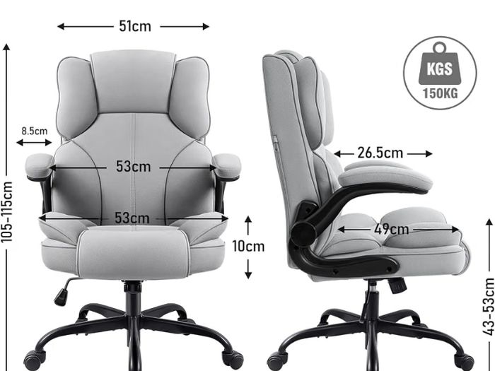 Office Chair with Flip-Up Arms for Home Office,Grey  Thick Padded Seat, Supportive Backrest, Ergonomic Design,  Rocking, 10cm Height Adjustment, 150kg Capacity