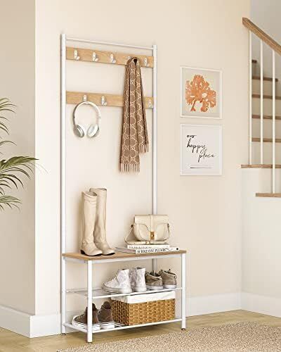 Vintage Coat Rack Stand with Seat 3 Shelves Gold Oak
