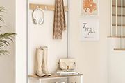Vintage Coat Rack Stand with Seat 3 Shelves Gold Oak